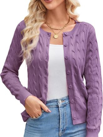 Grace Karin Casual Cardigan Sweater Crew Neck Long Sleeve Lightweight Cropped Cardigans Elegant Short Cardigan Tops M Purple