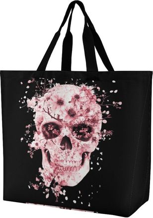 Generic Cherries Skull Blossoming Reusable Shopping Bags One Shoulder Grocery Tote Bag Waterproof Big Purse for Work Travel