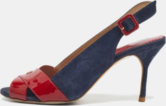 Carolina Herrera Navy Blue/red Suede And Patent Leather Slingback Sandals