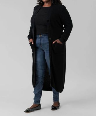 Minnie Rose Belted Ribbed Long Cardigan - Plus In Black