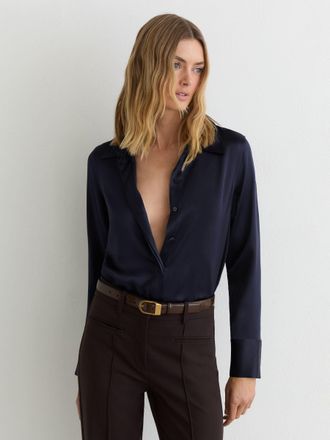 Reiss Navy Petite Silk-satin Concealed-placket Shirt, 18