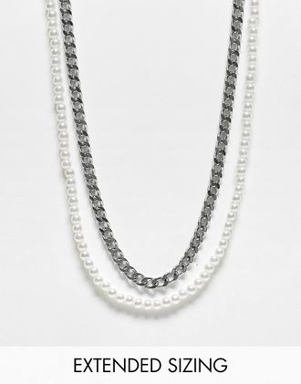 Asos 2 pack stainless steel neck chain in silver tone and faux pearl