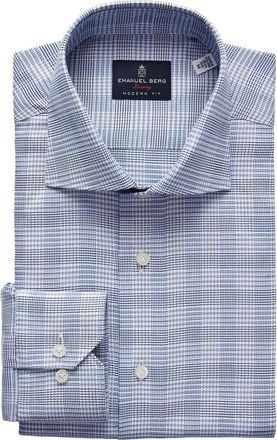 Emanuel Berg Modern Fit Check Cotton Dress Shirt in Navy at Nordstrom, Size 40