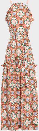 Marie Oliver Keenan Tile-Print Ruffle Halter Maxi Dress