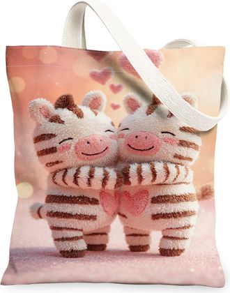 Generic Cute Striped Horse Canvas Tote Bags, Adorable Animal Pattern Reusable Grocery Bags, ValentineS Day Lightweight Washable Sh, Peach, 13x15 Inch