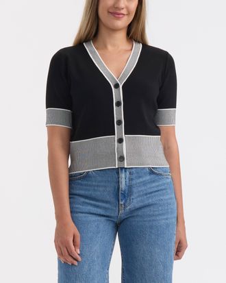 Ellen Tracy Womens V-Neck Short Sleeve Knit Cardigan with Contrast Tipping