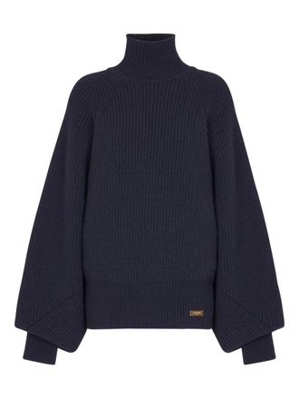 Balmain ribbed-knit logo-patch sweater - women - Wool - L - Blue