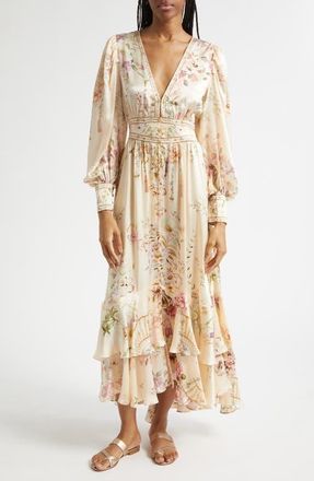 Camilla Beaded Print Long Sleeve Silk Dress in Adorned In Aranjuez at Nordstrom, Size Medium