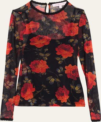 Carolina Herrera Rose Mesh Long-Sleeve Top