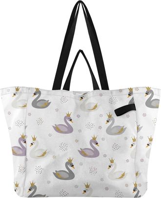 Generic Swans Crowns White print Reusable Canvas Tote Bag, Heavy Duty Grocery Shopping Bag with Double Handles Large Capacity Hard Bottom Work Groceries Trave