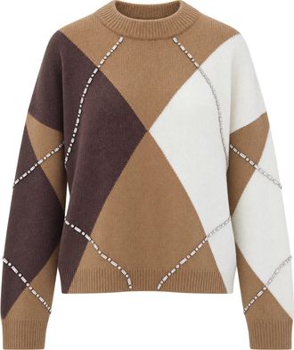Liu Jo Camel Argyle Rhinestone Knit Sweater
