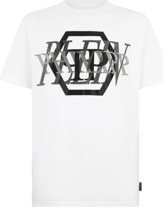 Philipp Plein Tops, Heren, Wit, 3Xl, Katoen, T-shirt met ronde hals en logo van steentjes