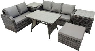 Fimous Garden Rattan Outdoor Furniture Set 6 Seater with Love Sofa 3 Seater Sofa 2 Side Table Big Stool Dark Grey - Fimous
