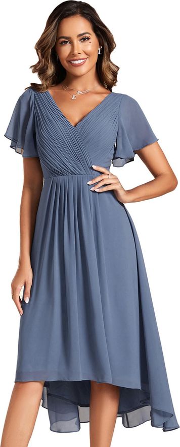 Women's Formal Dress - Shawl Neck, Ruffle Sleeve, Chiffon Ball Gown For Wedding Guest & Prom - View #7