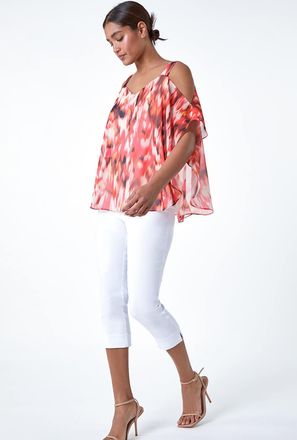 Roman Abstract V-Neck Cold Shoulder Overlay Top