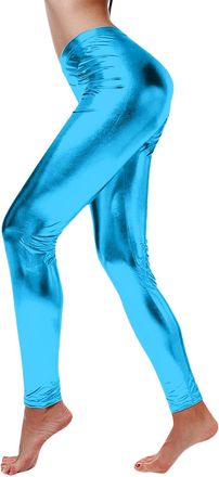 Generic Womens Shiny Metallic Leggings - Wet Look Waist Stretch Pants for Disco, Party, Festival, Dance, Rave & Costume Outfits Sky Blue