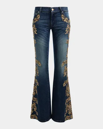 Alice & Olivia Emryn Embellished Ultra Low-Rise Relaxed Flared Jeans