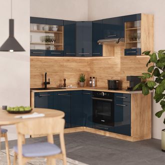 Vicco Cocina Esquinera Fame-line, Azul Oscuro Alto Brillo/roble Dorado, 160 X 190 Cm, Et Antracita