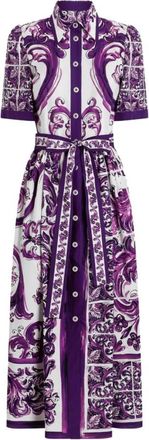 Dolce & Gabbana Paarse Maiolica Print Katoenen Overhemdjurk - Dames - Shirt Kleedjes - Paars - S - Katoen - Kleedjes