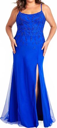Faviana Beaded Lace And Tulle Long Dress With Scoop Neck In Royal