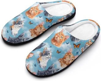 Generic Cats And Butterfly Mens House Slippers Memory Foam Washable Cotton Slip on Home Shoes