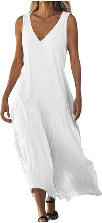 Generic Dresses for Women UK Comfy Cotton Linen V Neck Sleeveless Boho Maxi Dresses Lightweight Boho Summer Sun Dress White XX-Large Plus Size 14