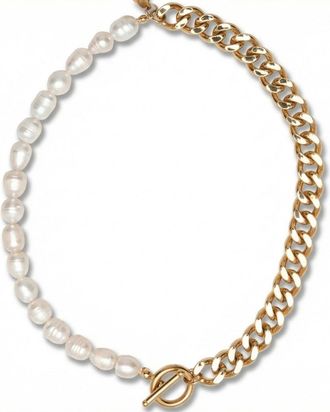 Pompeii3 18k Yellow Gold Plated Fresh Water Pearl And Curb Link Necklace 18 Toggle Clasp