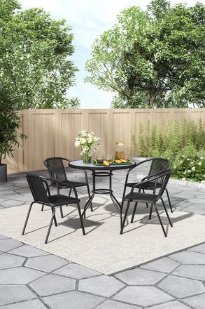 Living and Home Garden Tempered Glass Round Table with 4 PE Rattan Chairs in Grey