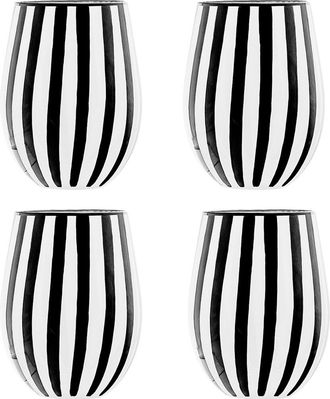 10 Strawberry Street Set Of 4 Black & White Stripe Glassware, Stemless Wine Glass