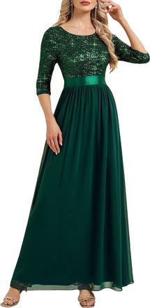 Ever-pretty Womens Sequin Evening Dresses 3/4 Sleeves A Line Chiffon Cocktail Party Long Dress Dark Green 12