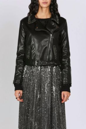 Beulah Rhinestones Embellished Vegan Leather Biker Jacket In Black