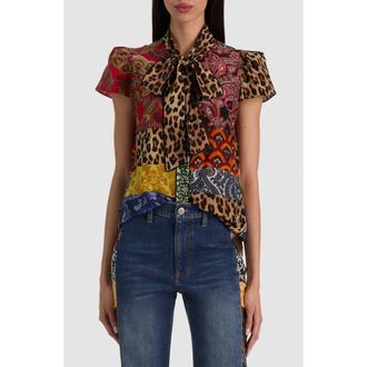 Alice & Olivia Jeannie Piped Bow Silk Top in Off The Grid at Nordstrom, Size X-Large