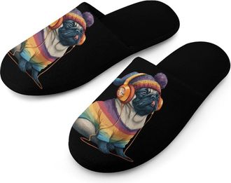 Generic Music Lover Pug Mens Slippers Warm Non-Slip Houes Shose Spa Slipper for Home Bedroom