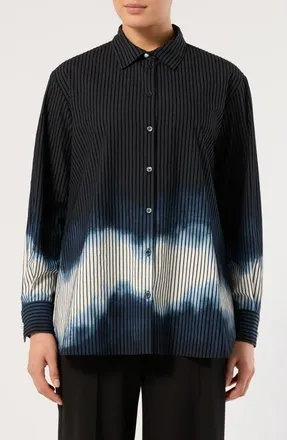 Marina Rinaldi Scacio Long Sleeve Cotton Shirt in Blue/black at Nordstrom, Size 18W
