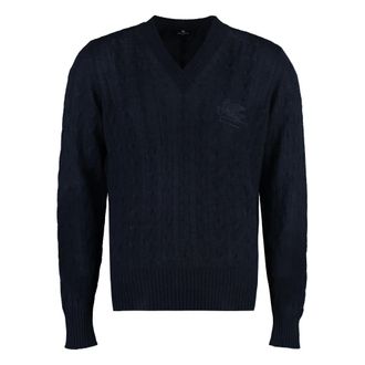 Etro Etro, V-neck Knitwear, male, Blue, Size: M Cashmere Cable-Knit Sweater