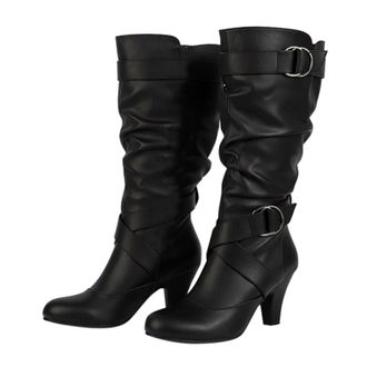 Generic Womens Knee High Boots, Soft Leather Mid-Calf Design, Chunky Heel with Buckle Detail, Available in Brown, Black, White