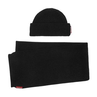 Dsquared2 Ribbed Knit Muts en Sjaal Set - Heren - Accessoires - Zwart - Maat: ONE Size Wol