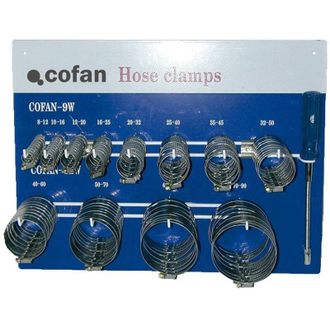 cofan Cofan - Panel Con Abrazaderas, Expositor Para 120 Abrazaderas + Destornillador Flexible. Fleje 9 Mm Y 12 Mm. Medidas De 8-12 Hasta 70-90. Tambi&eacute;n Tien