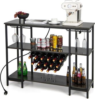 Costway Costway - Armario Bar De Vinos, Gabinete Para Vinos Con 2 Portavasos Para 15 Botellas, Estantes Industrial Para Botellas Con Estaci&oacute;n De Carga, Para V