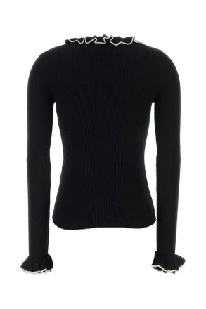 Valentino Garavani Womens Ruffled Crew Neck Virgin Wool Sweater Black