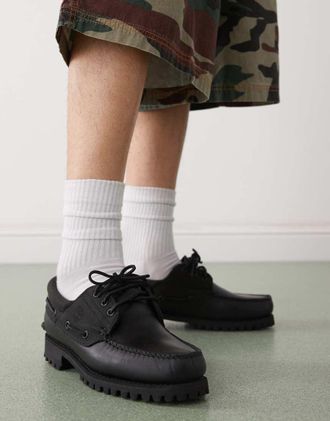 Timberland Authentic - Scarpe da barca nere in pelle a 3 occhielli-Nero