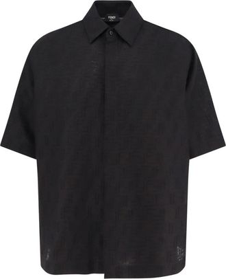 Fendi Jacquard Linnen Katoenen Overhemd met Borduursel - Heren - Korte mouwen Overhemden - Zwart - M - Katoen - Overhemden