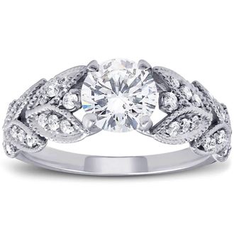 Pompeii3 1ct Diamond Engagement Ring Petal Vine Leaf 14k White Gold Enhanced