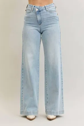Judy Blue High Waisted Criss Cross Wide Leg Jean In Mild Destroy Light
