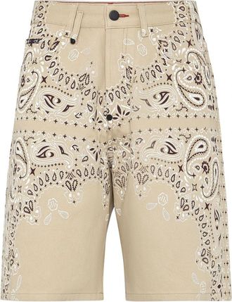 Philipp Plein Denim Shorts Paisley Bandana - Heren - Denim shorts - Beige - W31 - Denim - Korte Broeken