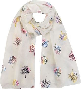 World of Shawls Silver Foil Mulberry Tree Print Fashion Scarf (Ivory White 1 Mulberry Tree)