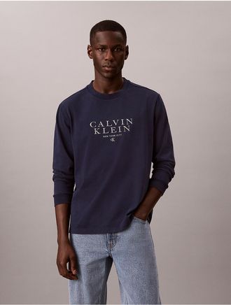 Calvin Klein Jeans Calvin Klein Mens Powder Wash Logo Long Sleeve Tee - Blue - 2XL