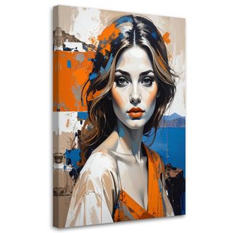 Feeby Cuadro En Lienzo Retrato Femenino Con Acentos Distintivos De Naranja Y Azul 70x100