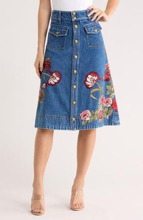 Alice & Olivia Dahlia Button Front Denim Midi Skirt in Brooklyn Blue/Multi at Nordstrom Rack, Size 28