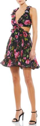 Mac Duggal Floral Ruffle Cut Out Lace Up Flowy Mini Dress in Black Multi at Nordstrom, Size 8